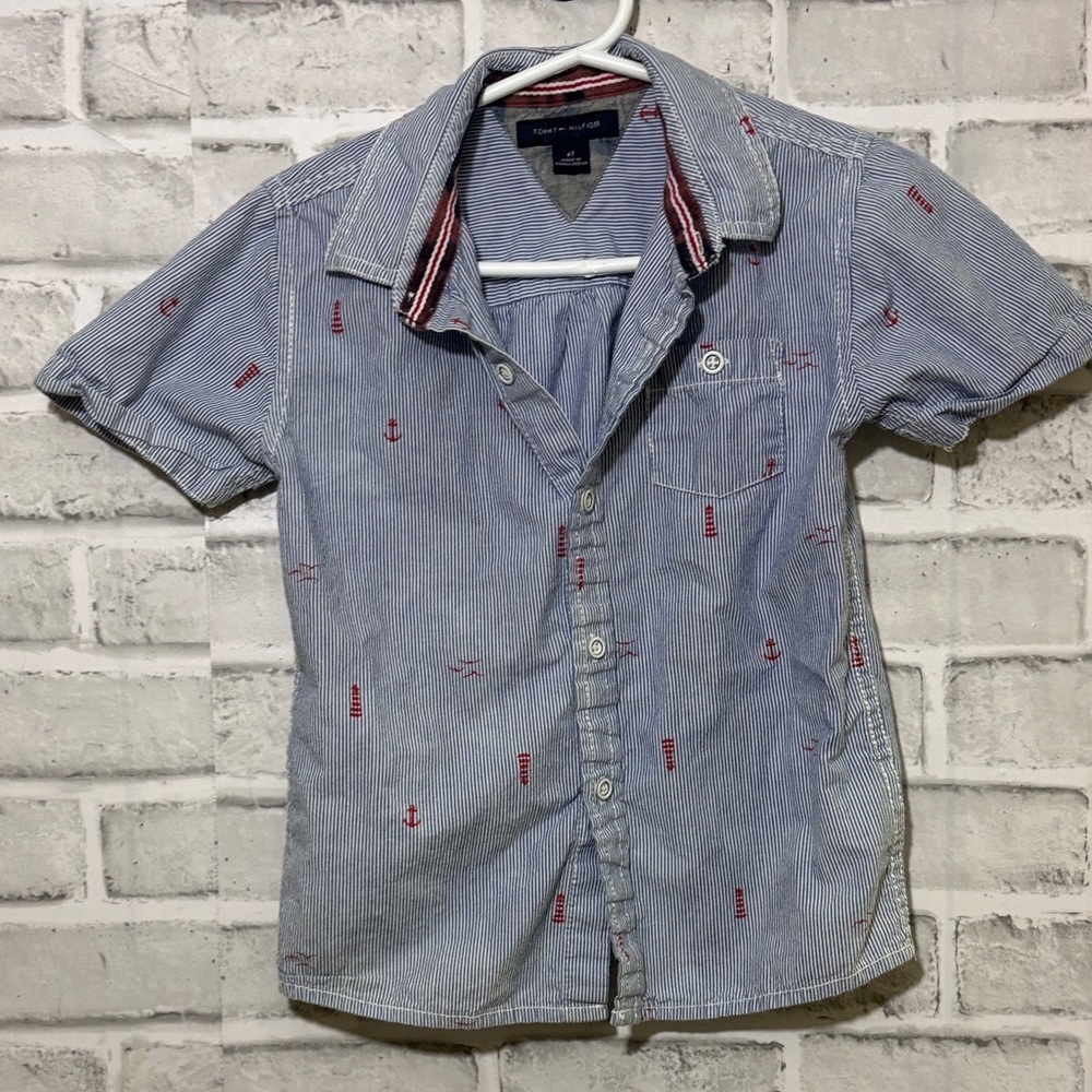 4/$20 Tommy Hilfiger Blue and Red Casual Button-Down Shirt, nautical 4T